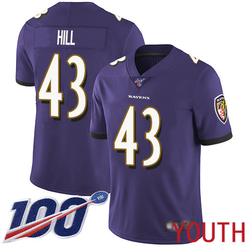 Baltimore Ravens Limited Purple Youth Justice Hill Home Jersey NFL Football #43 100th Season Vapor Untouchable->women nfl jersey->Women Jersey